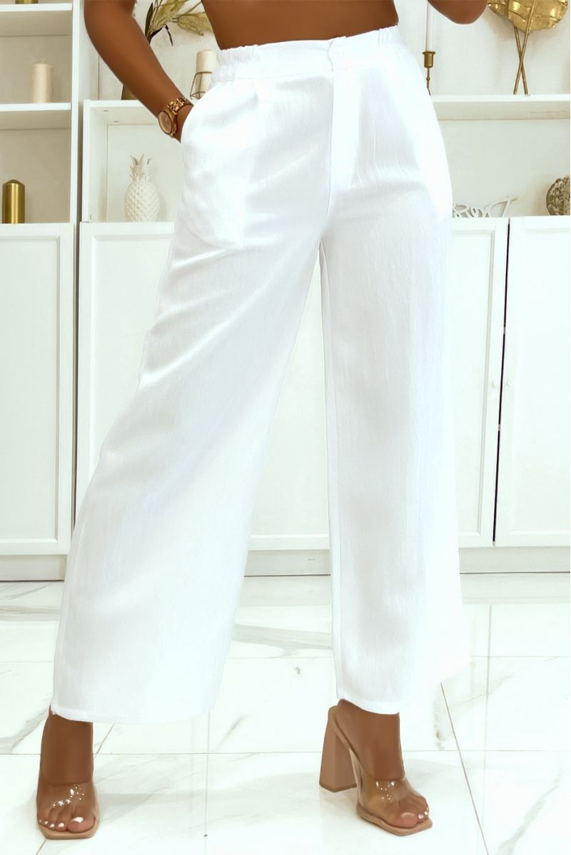 Fluid white palazzo pants fitted at the waist with zipper and pretty button - 1