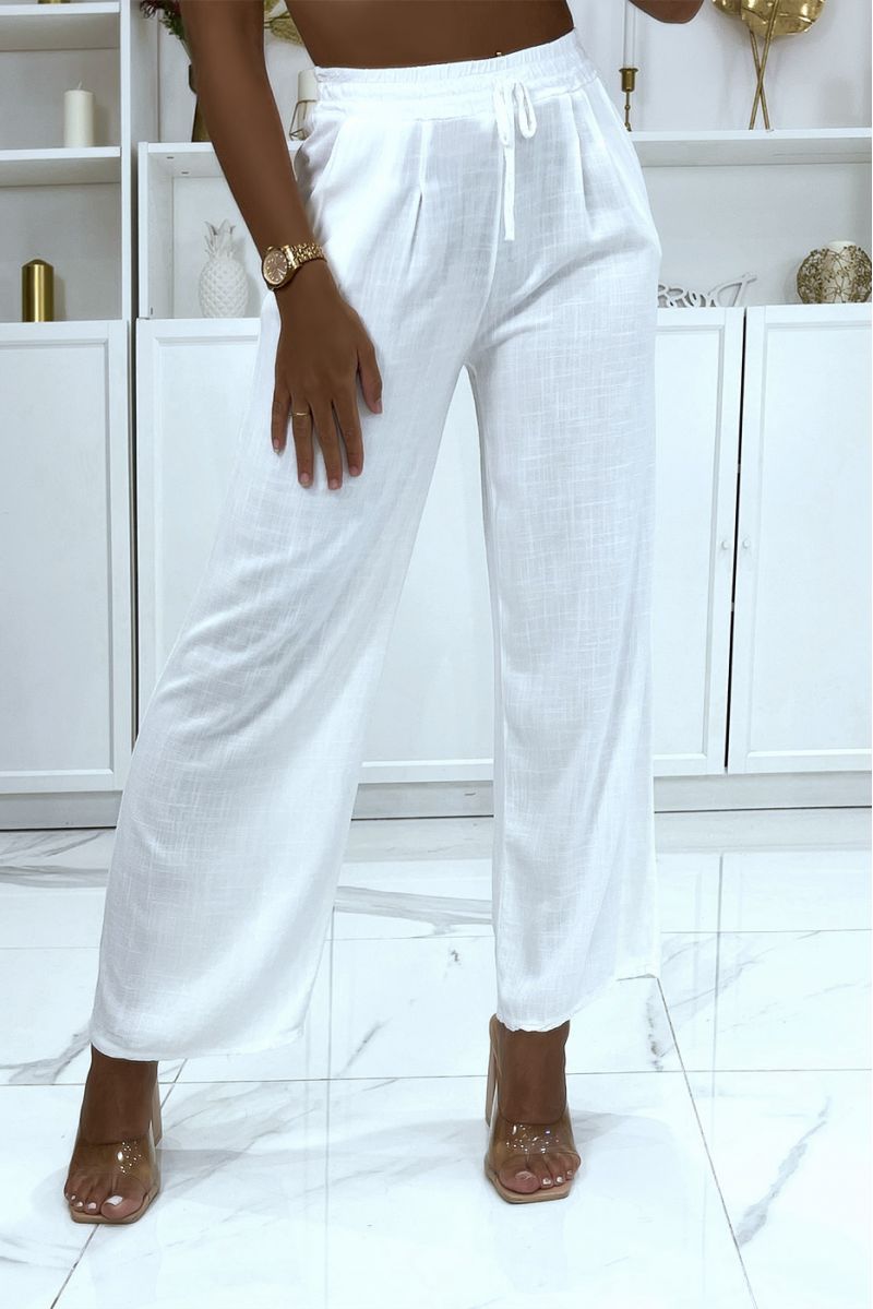 Pantalon patte d'éléphant blanc élastique à la taille modulable avec lacets - 2