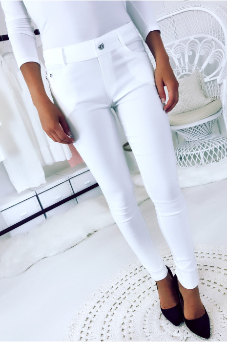 Pantalon slim Blanc, basic avec poche avant et arrière - 4