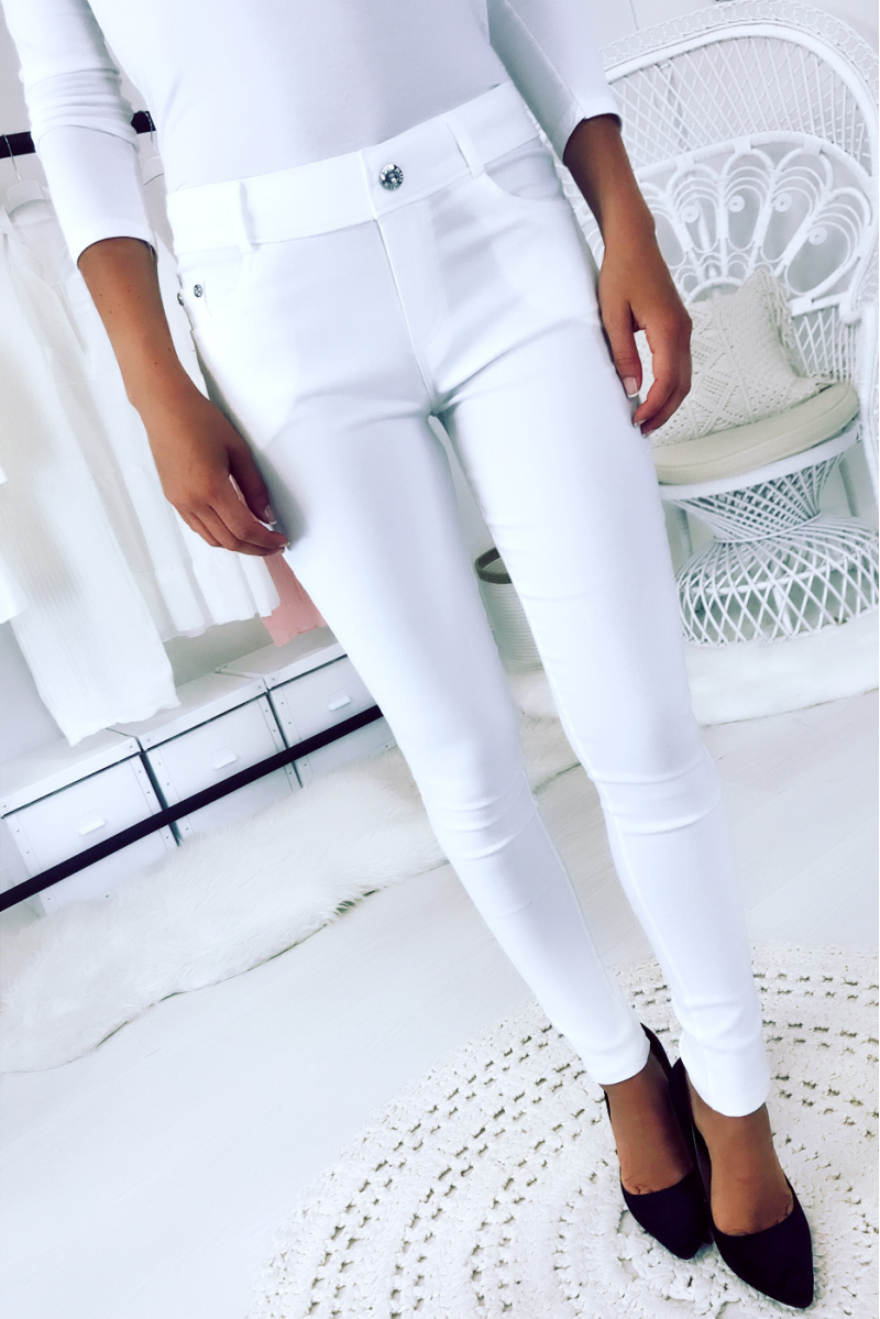Pantalon slim Blanc, basic avec poche avant et arrière - 4