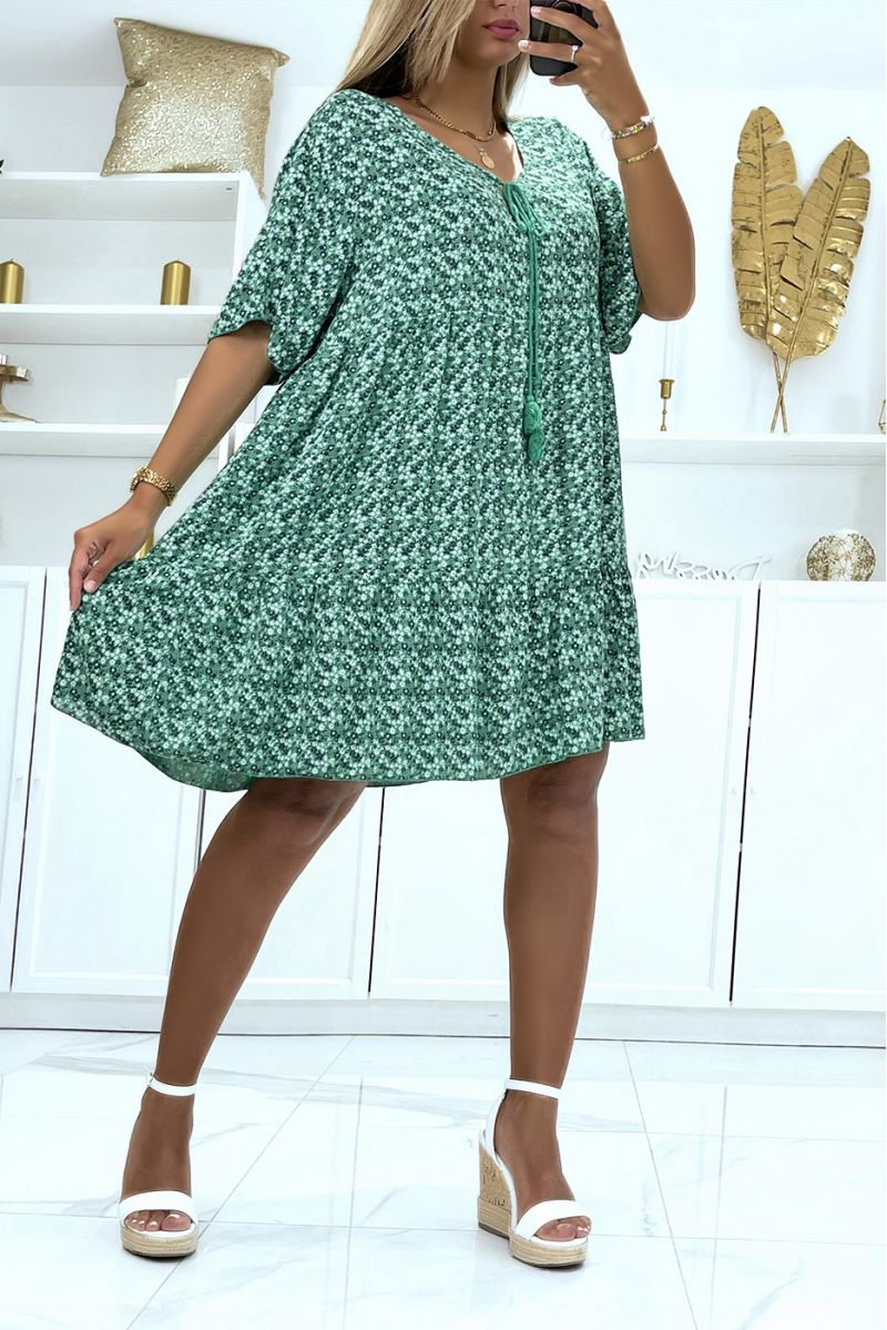 Oversized floral dark green dress with mid-length sleeves is suitable for all body types - 2
