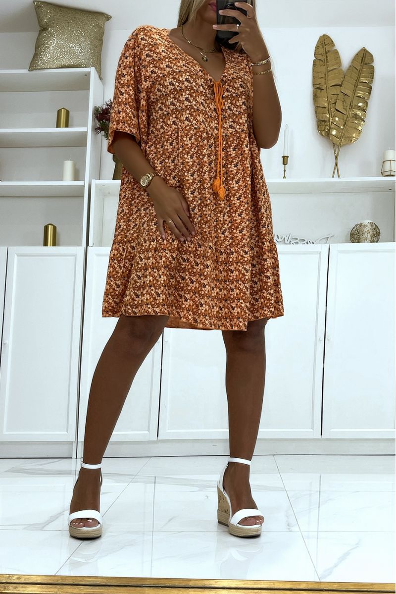 Oversized floral orange dress with mid-length sleeves is suitable for all body types - 1