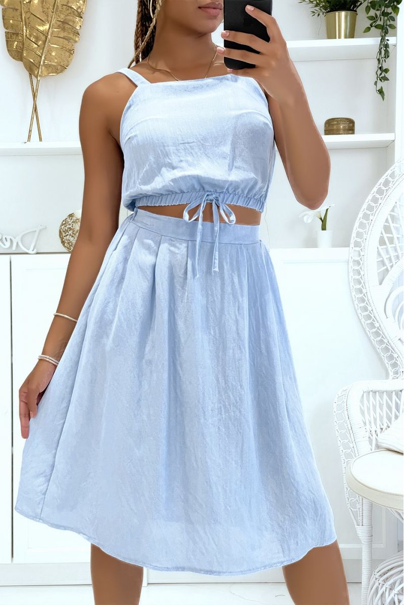 Light and comfortable elastic waist blue crop top set ideal for mid-season. - 2