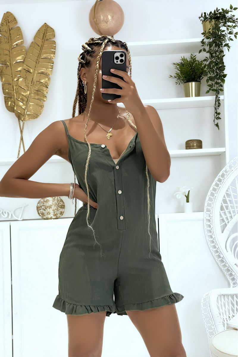 Flared khaki playsuit with buttons and thin straps with ruffles on the thighs - 2