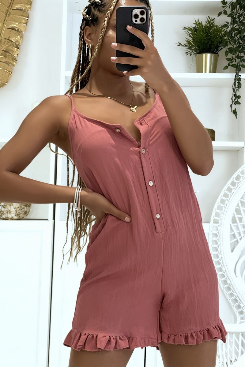Flared cognac playsuit with buttons and thin straps with ruffles on the thighs - 4
