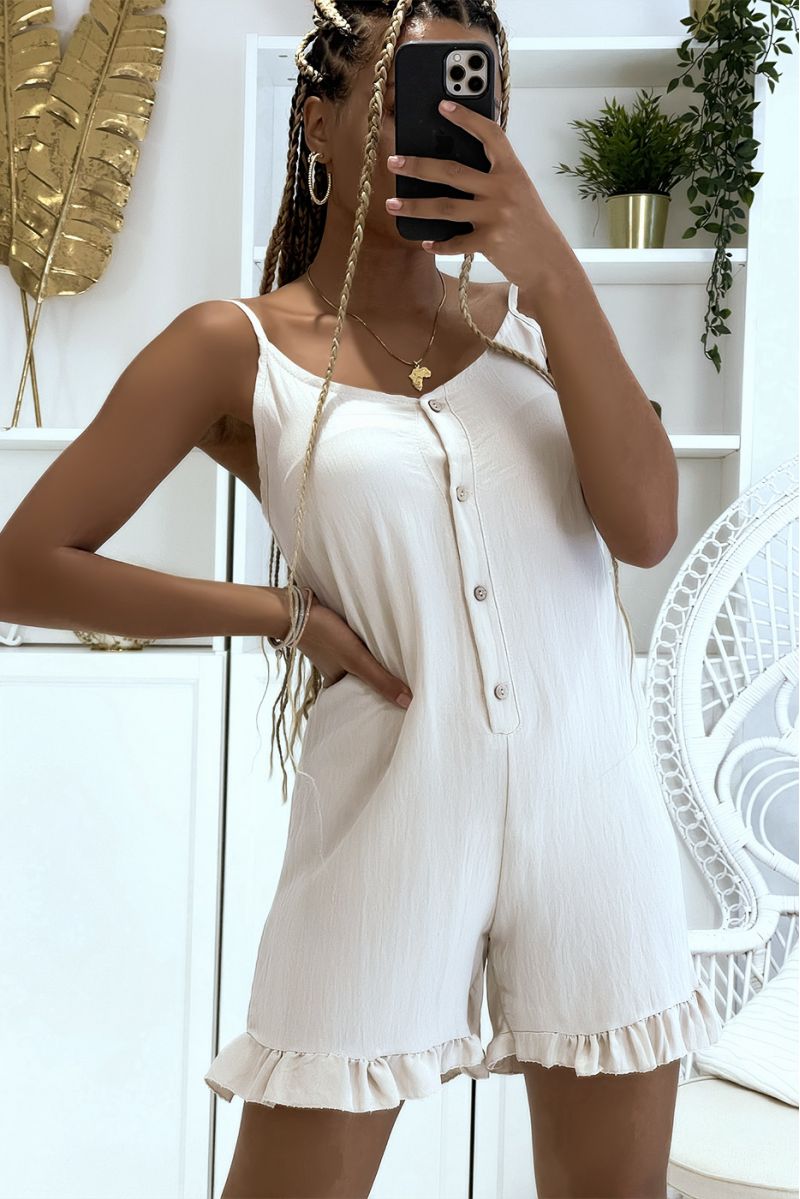Flared beige playsuit with buttons and thin straps with ruffles on the thighs - 2
