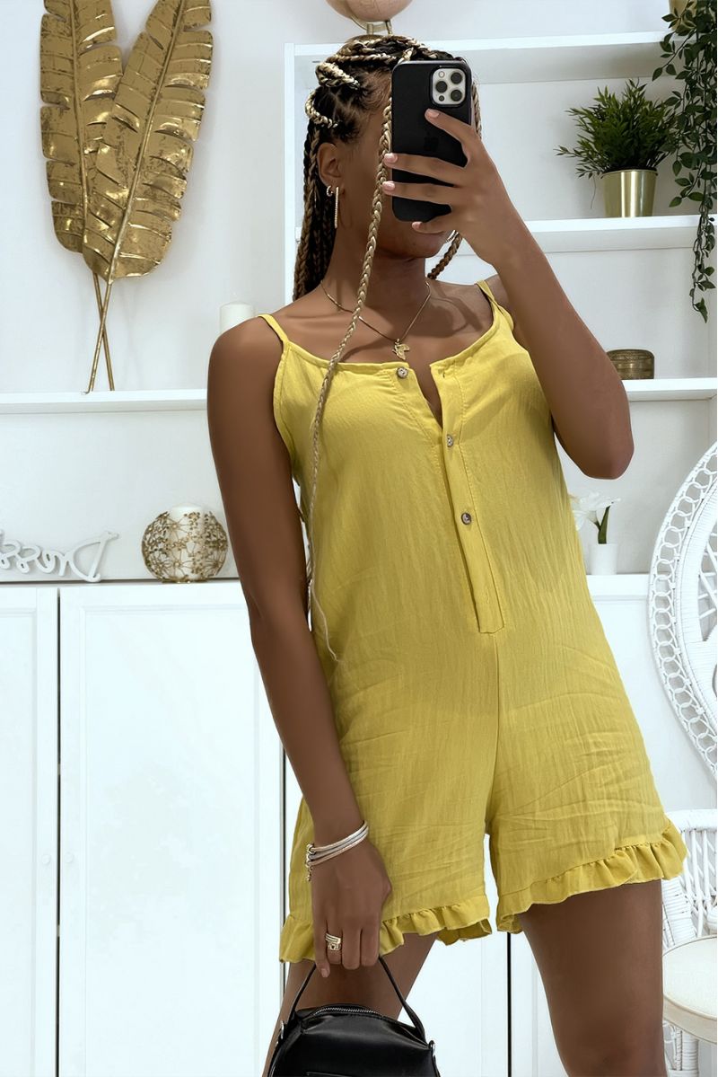 Flared mustard playsuit with buttons and thin straps with ruffles on the thighs - 4