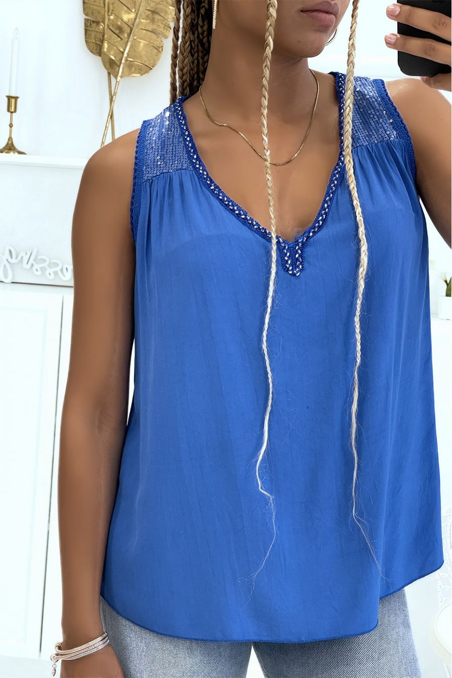 Royal Vneck tank top with braided lace detail and pretty sequins on