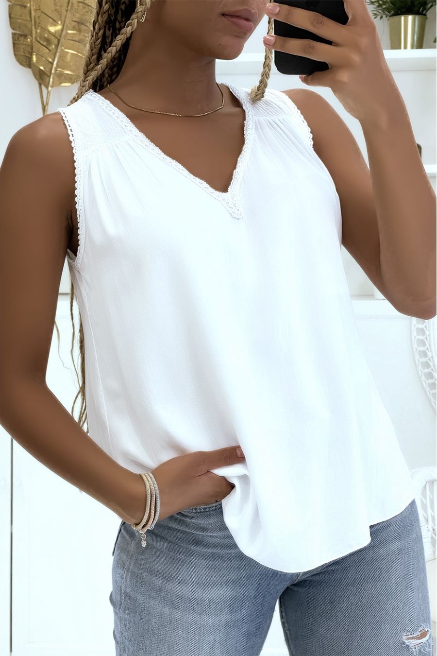 White Vneck tank top with braided lace detail and pretty sequins on
