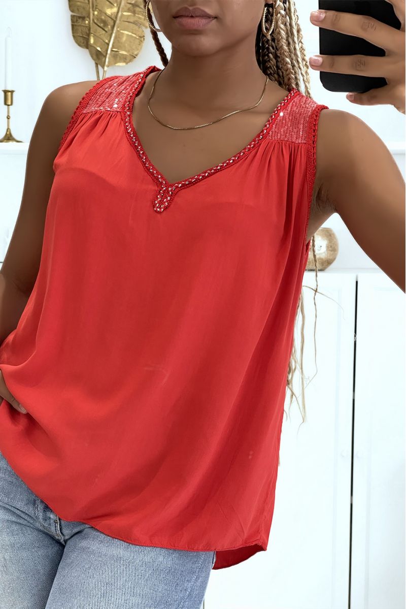 Red V-neck tank top with braided lace detail and pretty sequins on the shoulders - 2
