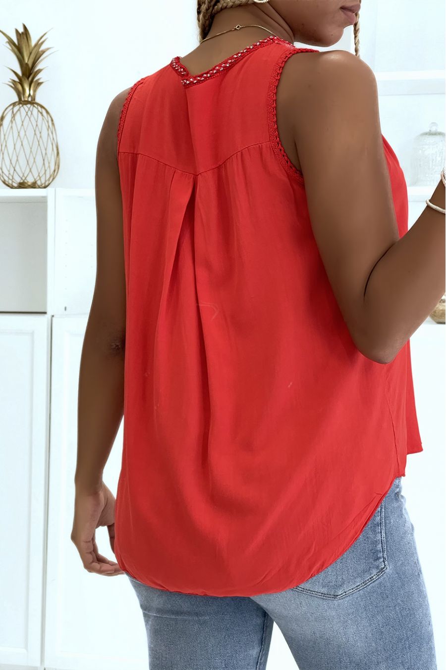 Red Vneck tank top with braided lace detail and pretty sequins on the