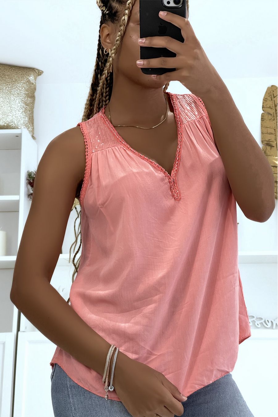 Pink Vneck tank top with braided lace detail and pretty sequins on the
