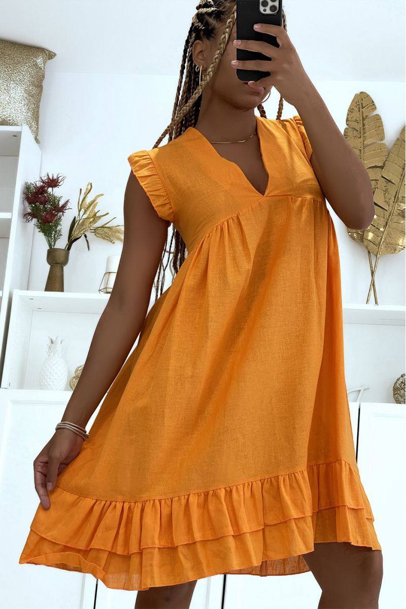 Mid-length orange dress straight cut V-neck and short sleeves with ruffles - 2