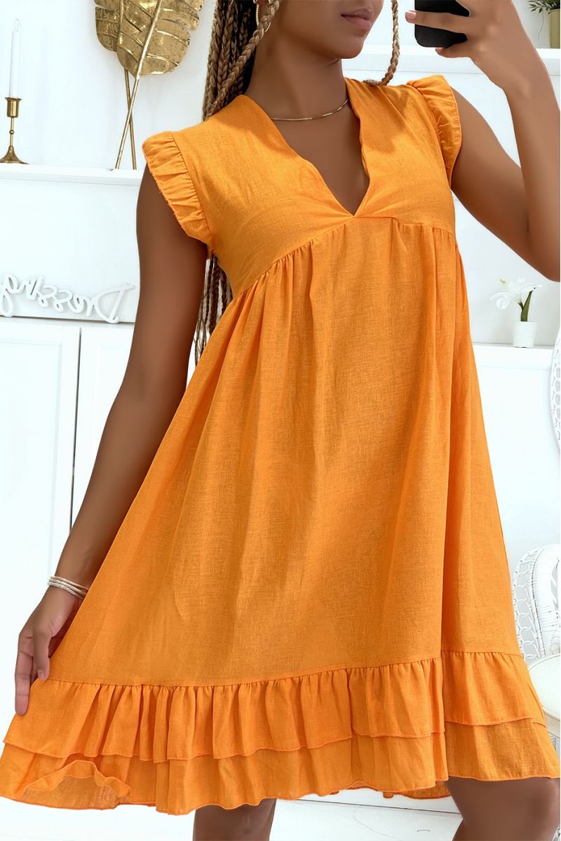 Mid-length orange dress straight cut V-neck and short sleeves with ruffles - 4