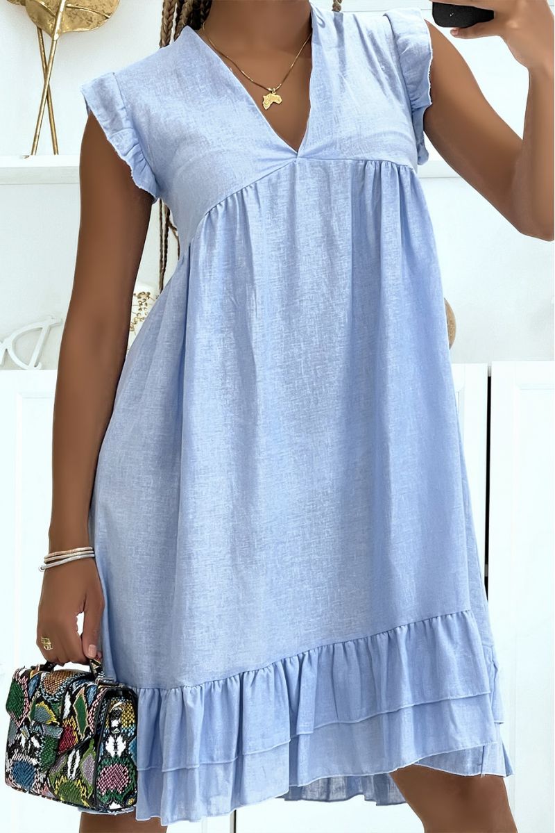 Mid-length blue straight cut dress with V-neck and short sleeves with ruffles - 2
