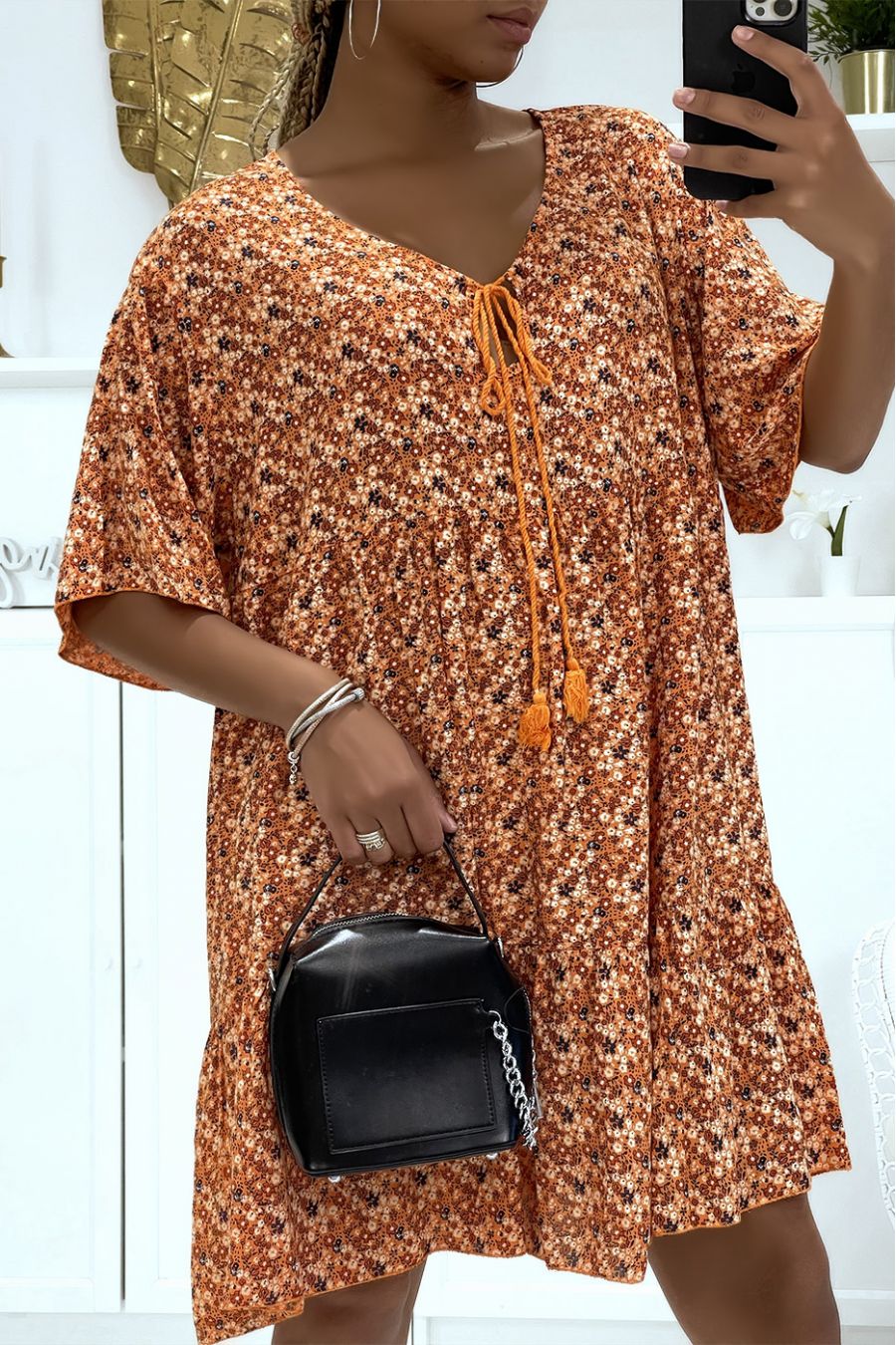 Oversized floral orange dress with midlength sleeves is suitable for