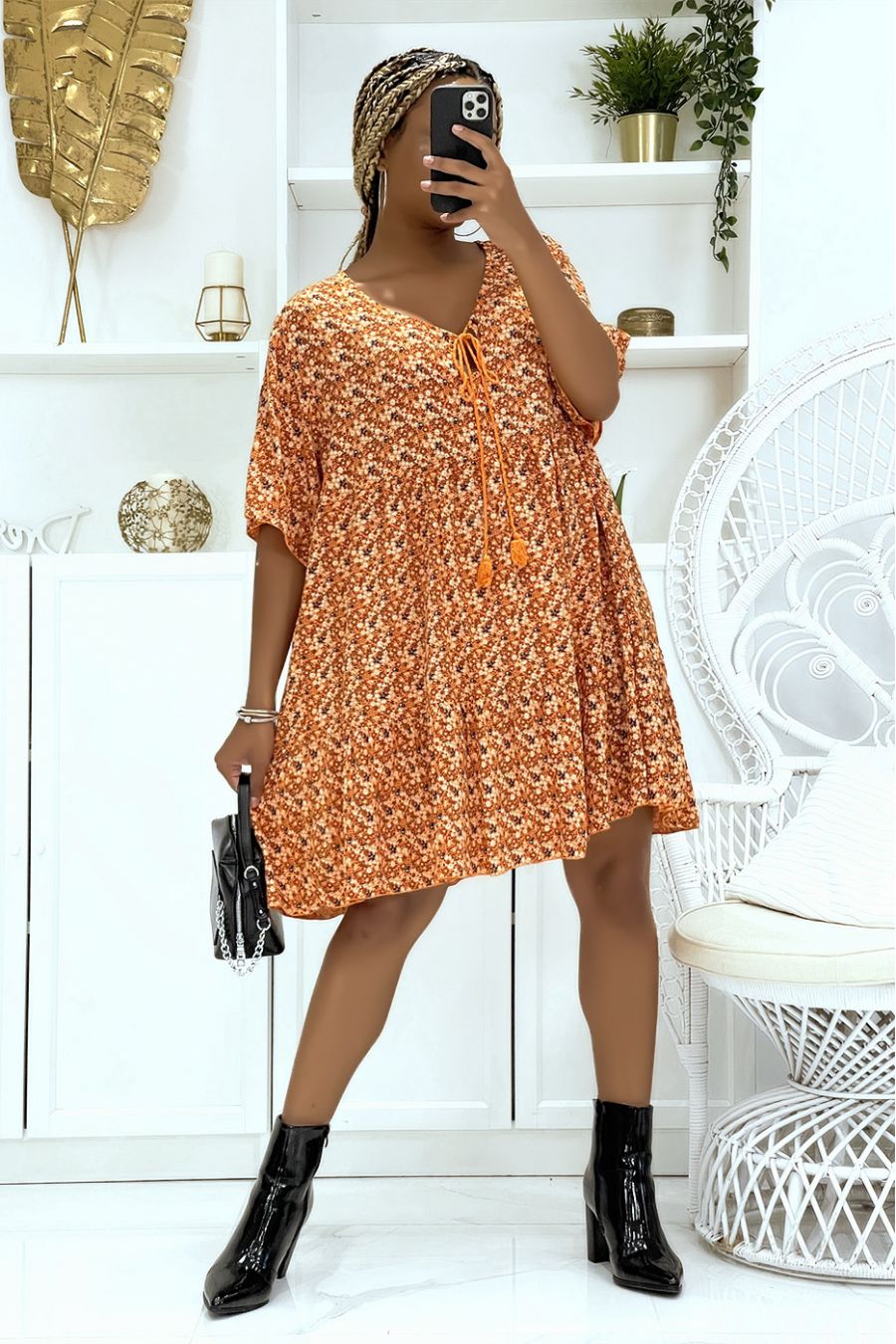 Oversized floral orange dress with midlength sleeves is suitable for