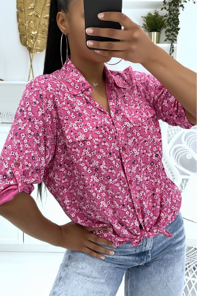 Chemise fluide fuchsia fleurie à col à revers et  à manches mi-longues et fausses poches à la poitrine - 2
