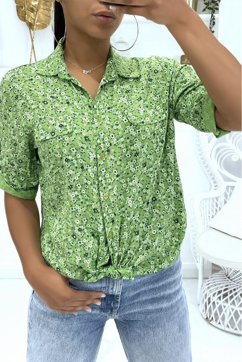 Flowing anise green floral shirt with lapel collar and half-length sleeves and fake chest pockets - 1