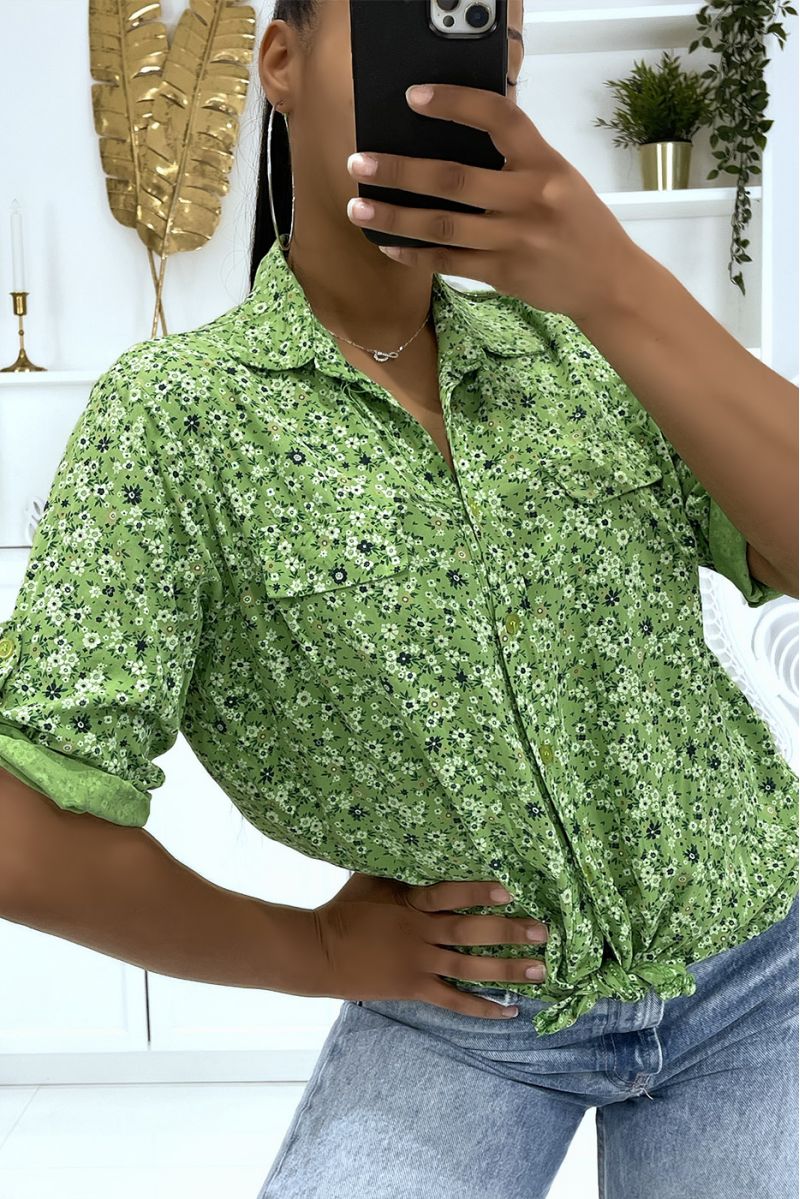 Flowing anise green floral shirt with lapel collar and half-length sleeves and fake chest pockets - 2