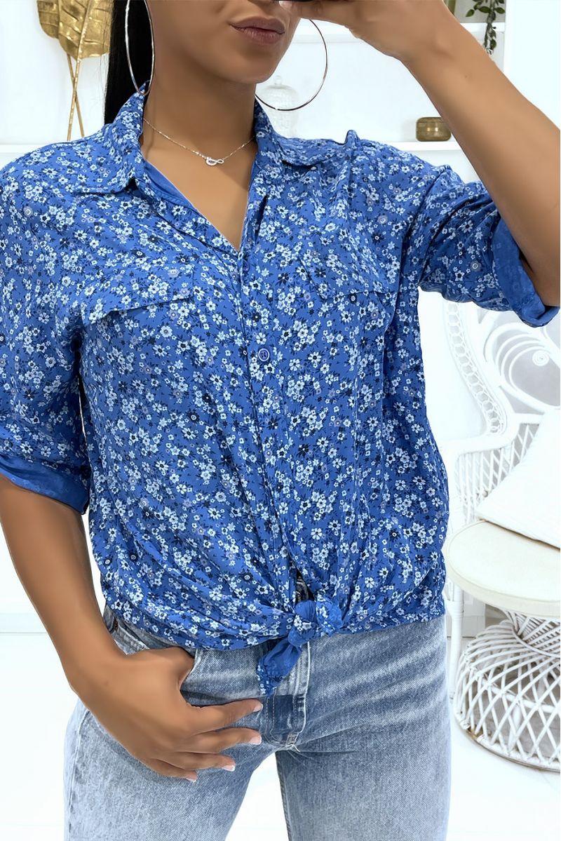 Flowing royal floral shirt with lapel collar and half-length sleeves and fake chest pockets - 1