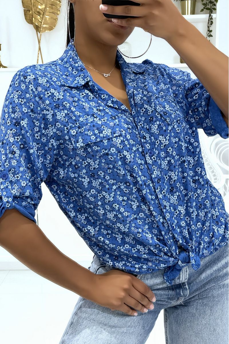 Flowing royal floral shirt with lapel collar and half-length sleeves and fake chest pockets - 2