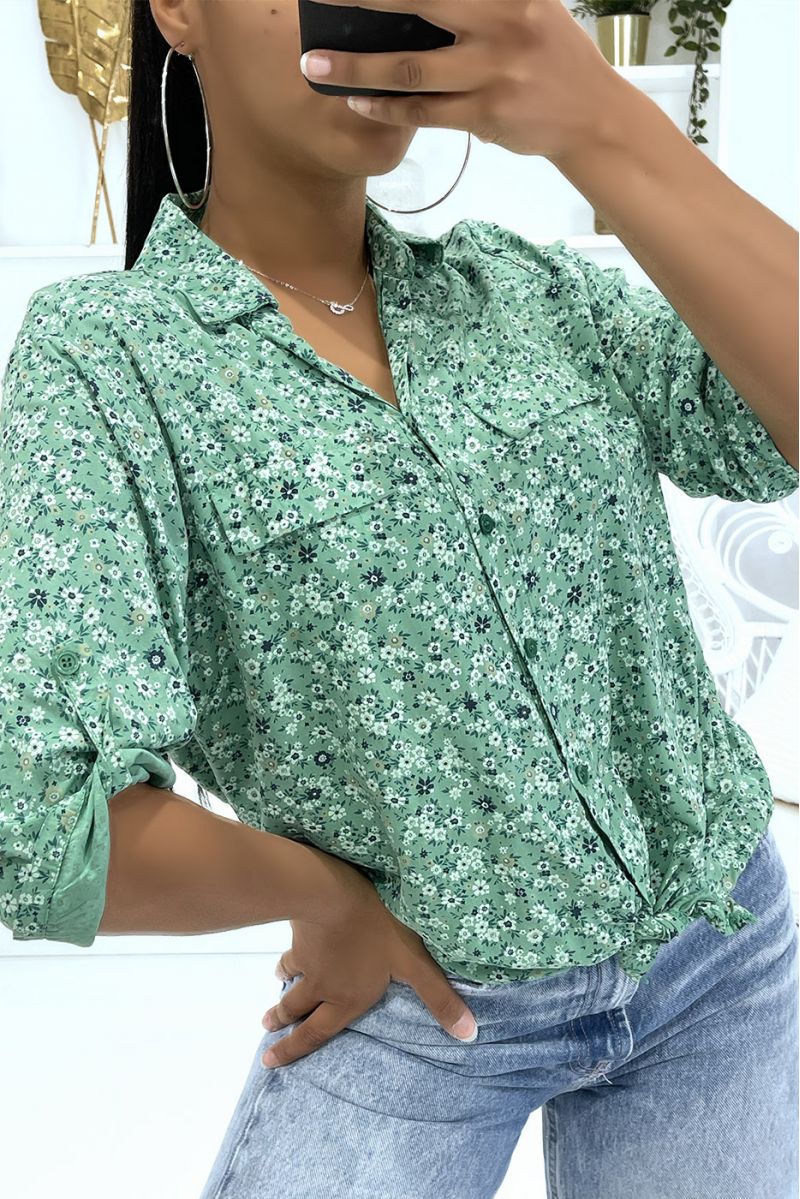 Flowing green floral shirt with lapel collar and half-length sleeves and fake chest pockets - 2