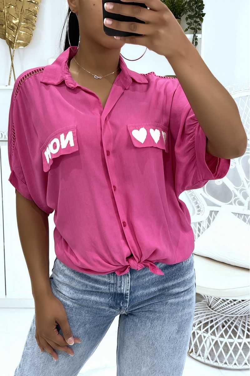 Openwork fuchsia shirt from the shoulders to the elbows with hearts and "Now" writing on the pockets - 1