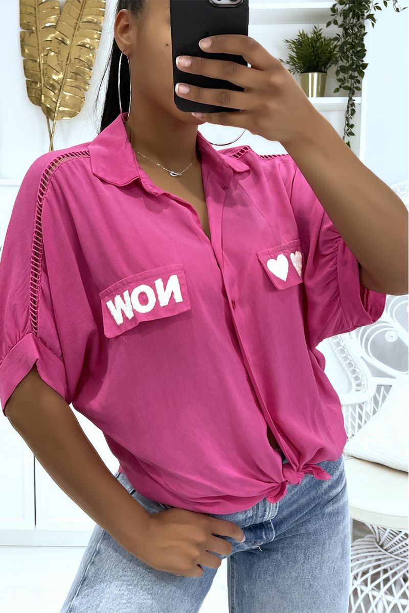 Openwork fuchsia shirt from the shoulders to the elbows with hearts and "Now" writing on the pockets - 2
