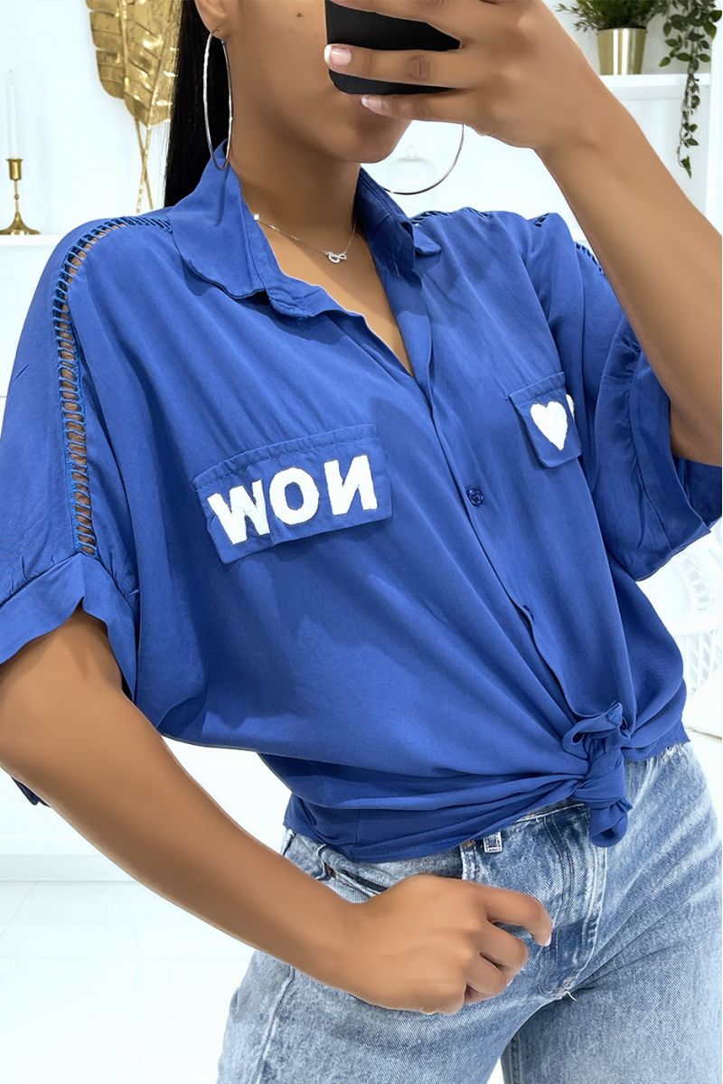 Openwork royal shirt from shoulders to elbows with hearts and "Now" writing on the pockets - 1