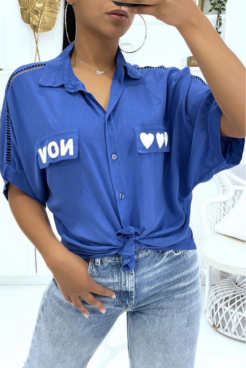 Openwork royal shirt from shoulders to elbows with hearts and "Now" writing on the pockets - 2