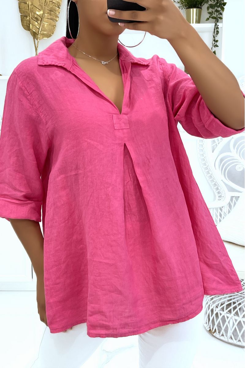 Lange fuchsia oversized blouse met reverskraag en mouwen met knopen - 1