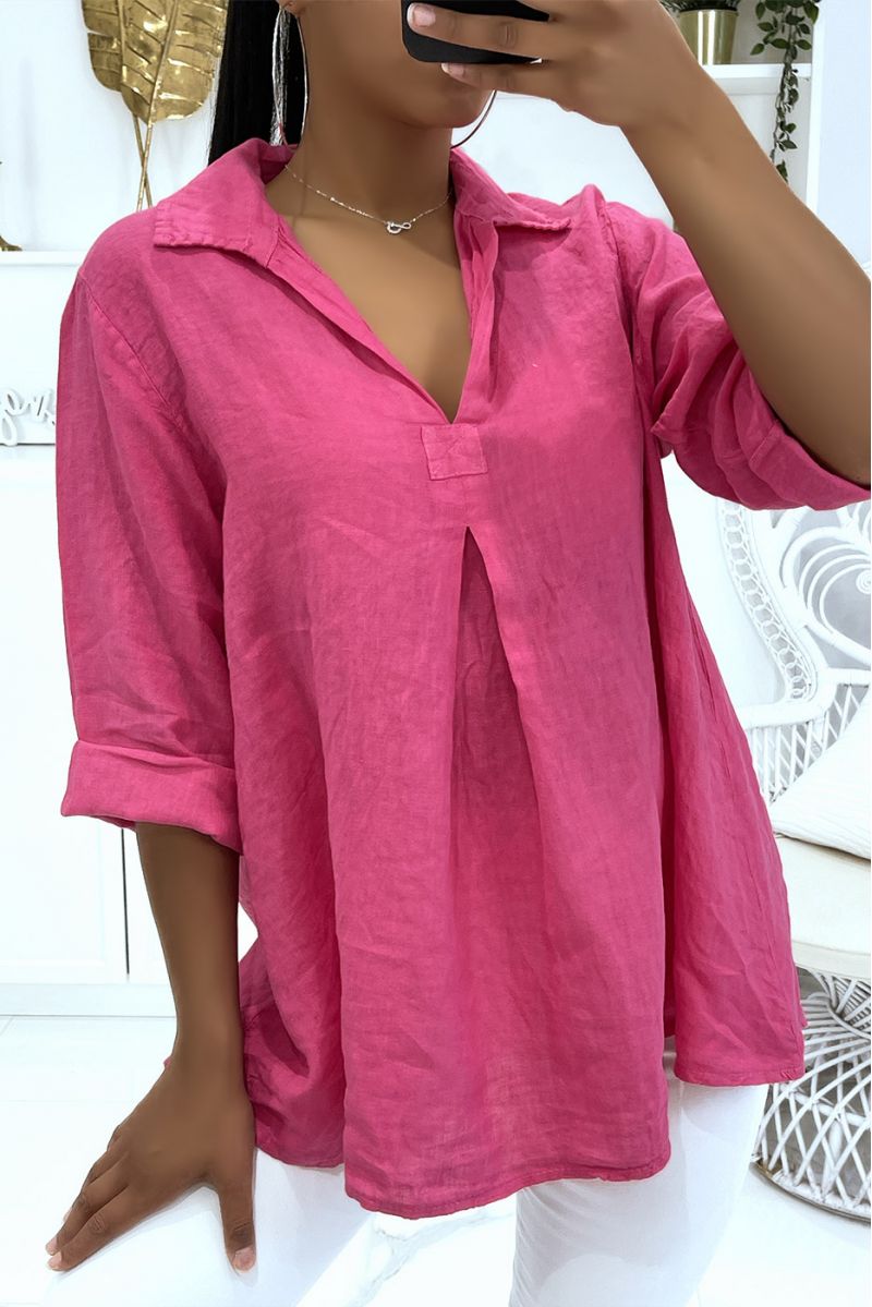 Lange fuchsia oversized blouse met reverskraag en mouwen met knopen - 2