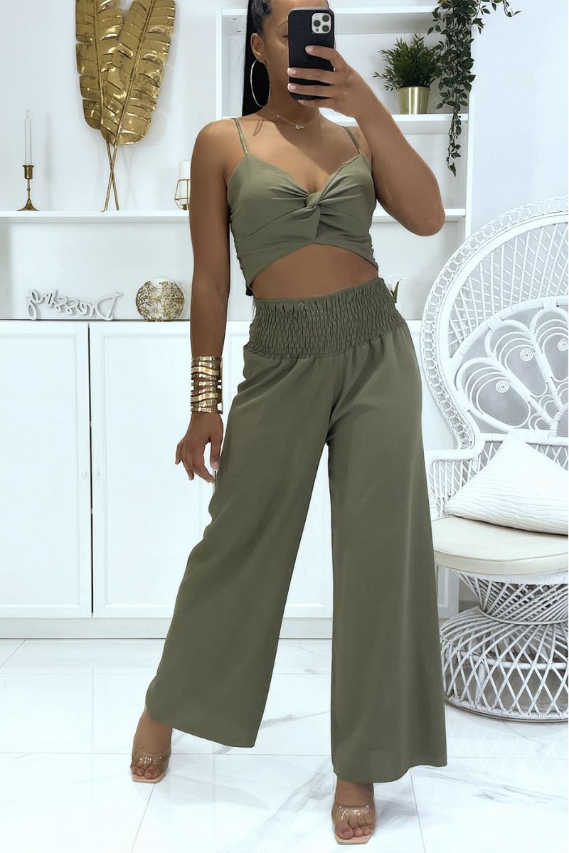 EnEEmble kaki palazzobroek met elastische taille en gekruiste crop-top met brede bandjes - 1