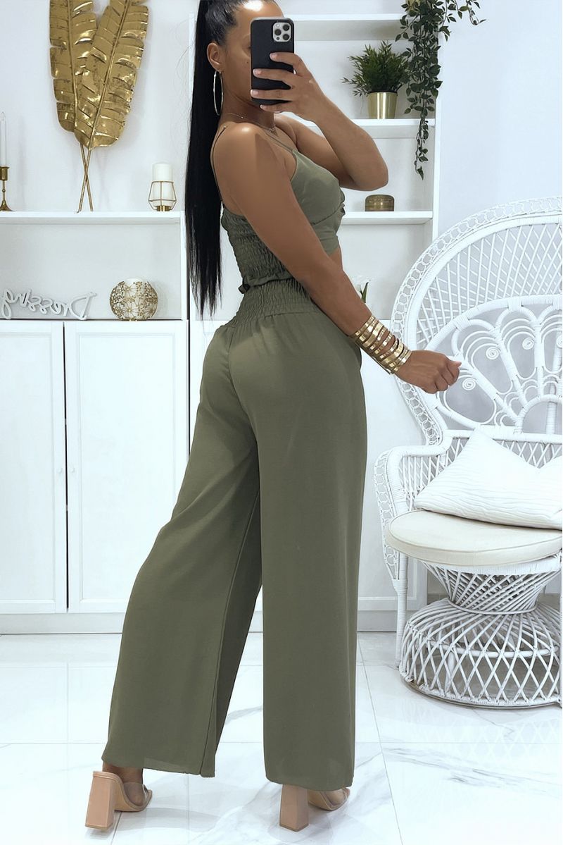 EnEEmble kaki palazzobroek met elastische taille en gekruiste crop-top met brede bandjes - 4