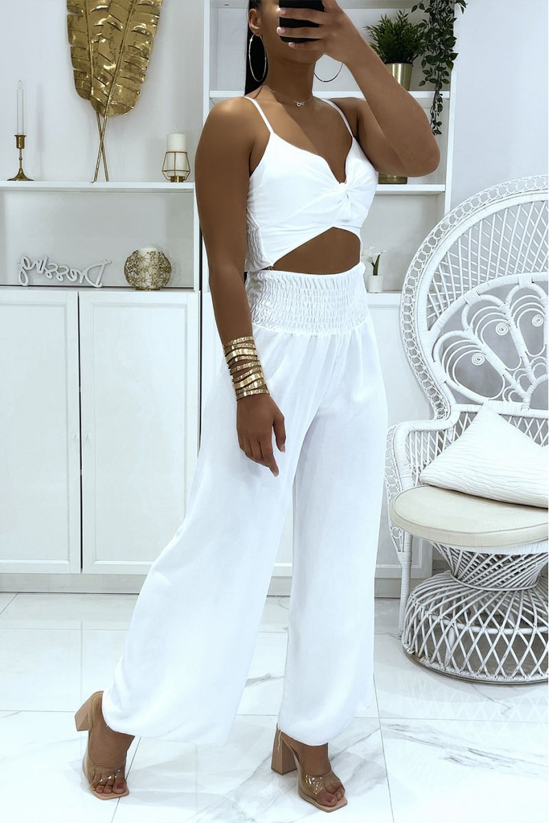 Witte palazzobroek met elastische taille en gekruiste crop topset met brede band - 4