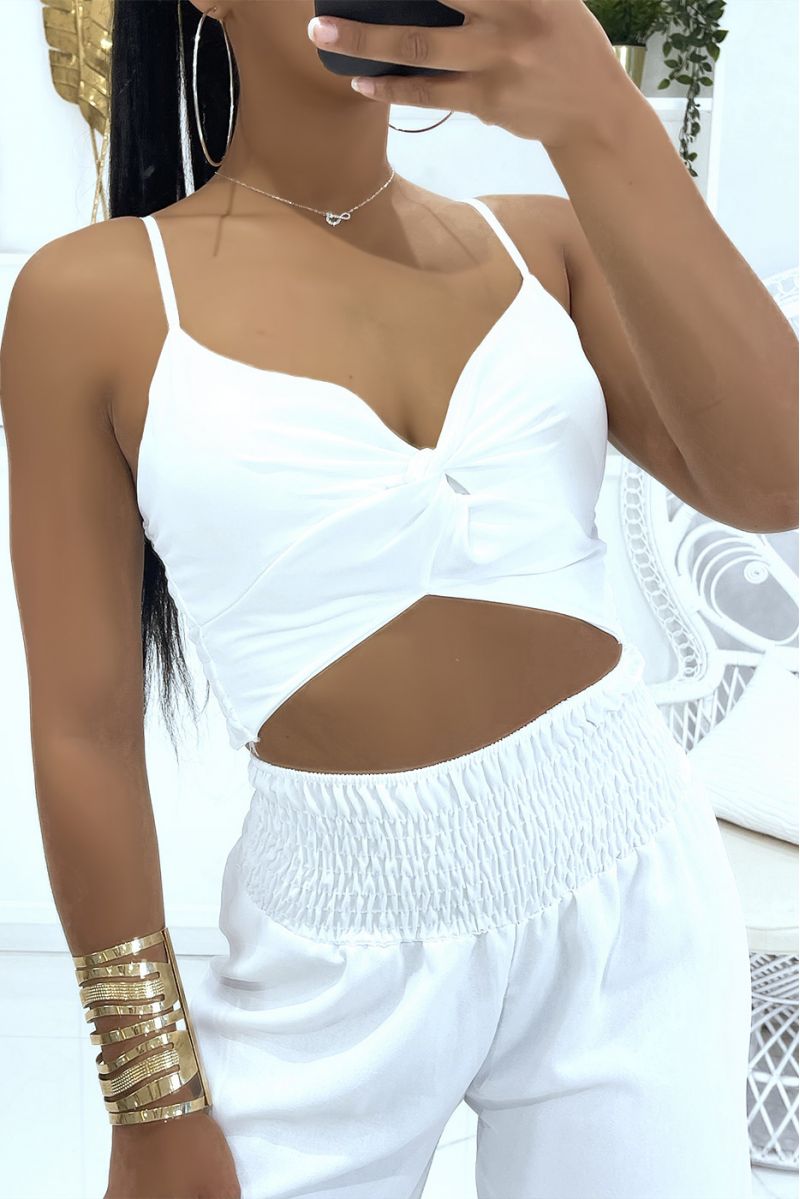 Witte palazzobroek met elastische taille en gekruiste crop topset met brede band - 6