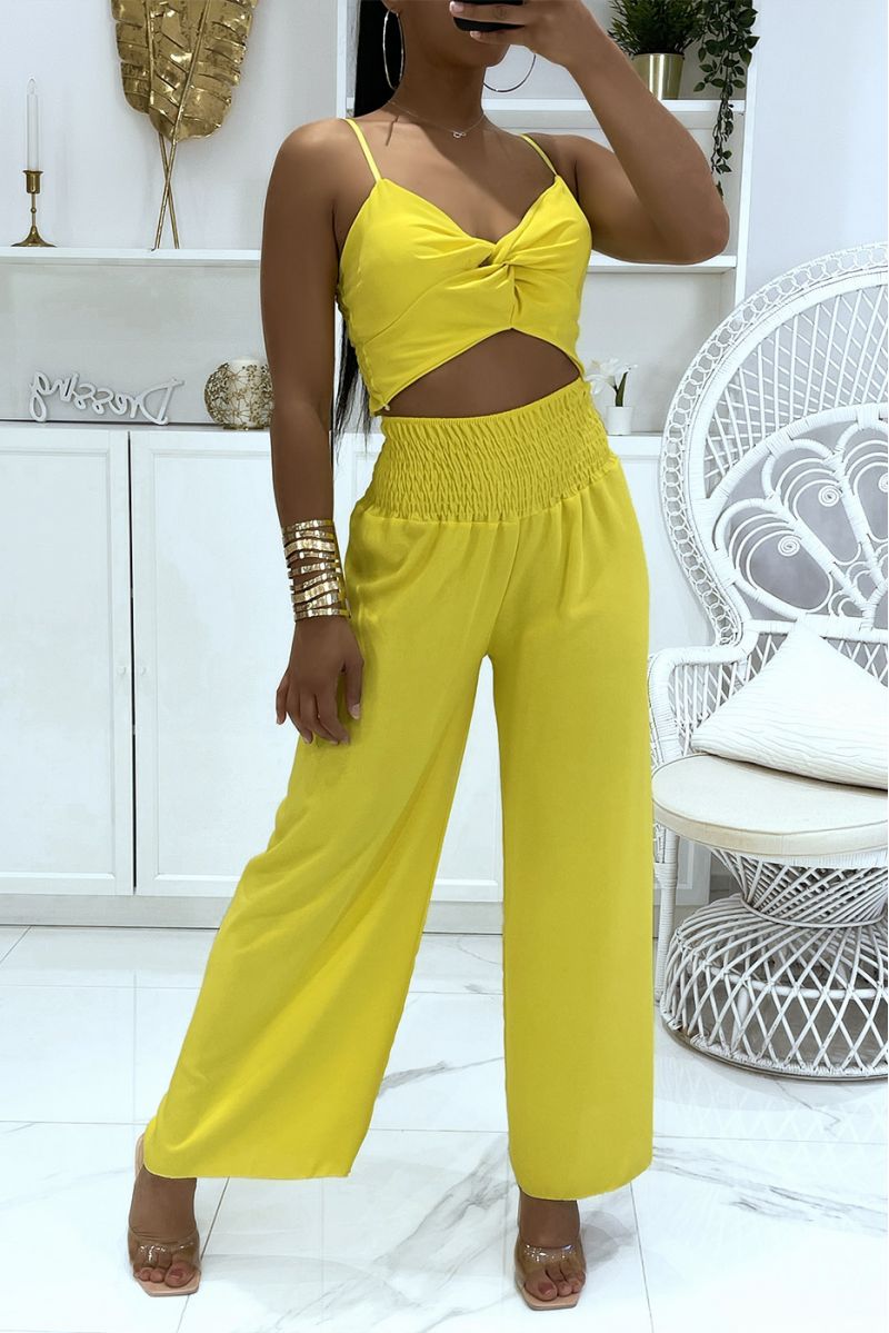 Yellow elastic waist palazzo pants and wide strap crossover crop top set - 1