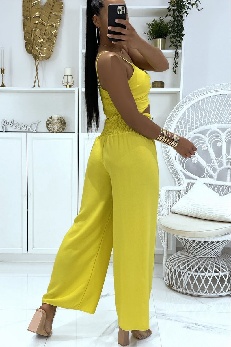 Yellow elastic waist palazzo pants and wide strap crossover crop top set - 4