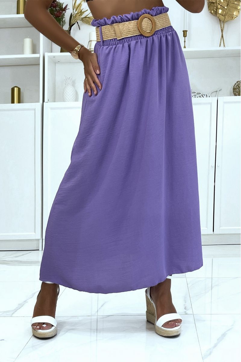 Long lilac skirt with elastic straw-effect belt at the waist in vitamin color - 1