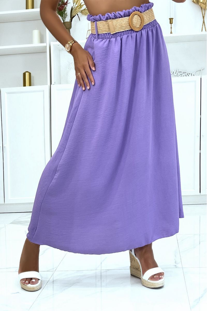 Long lilac skirt with elastic straw-effect belt at the waist in vitamin color - 2