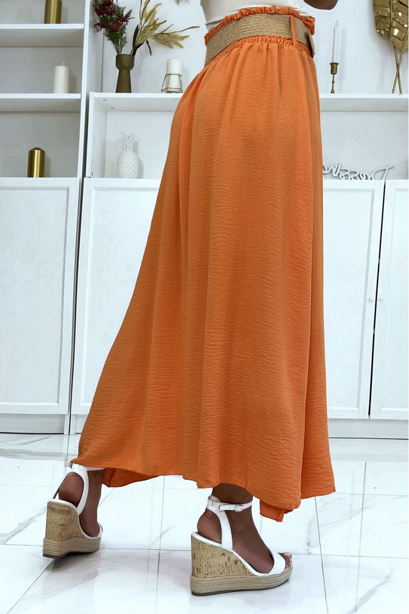 Longue jupe orange à ceinture effet paille élastique à la taille couleur vitaminée - 4