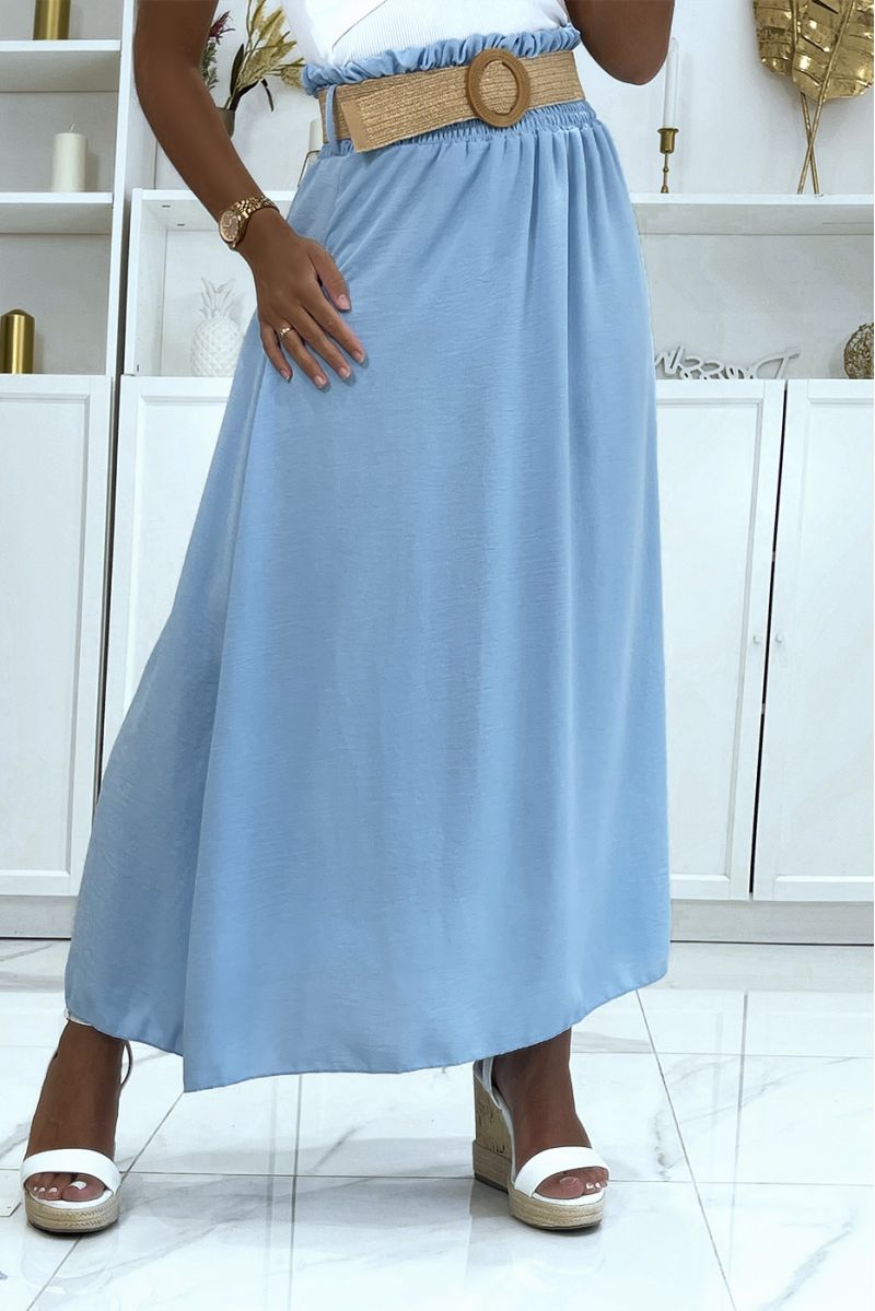 Long sky blue skirt with elastic straw-effect belt at the waist in vitamin color - 1
