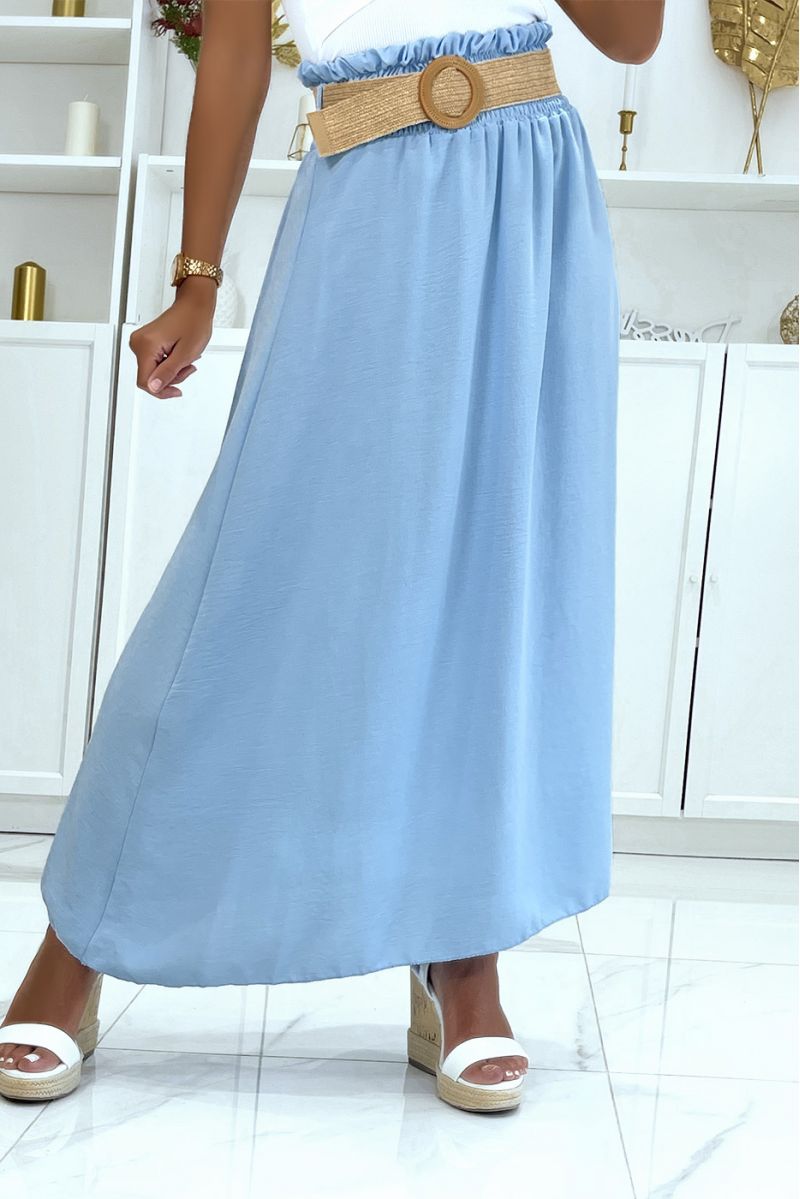 Long sky blue skirt with elastic straw-effect belt at the waist in vitamin color - 2