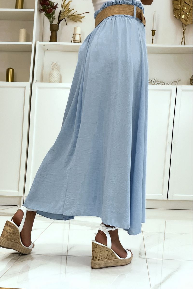 Long sky blue skirt with elastic straw-effect belt at the waist in vitamin color - 3
