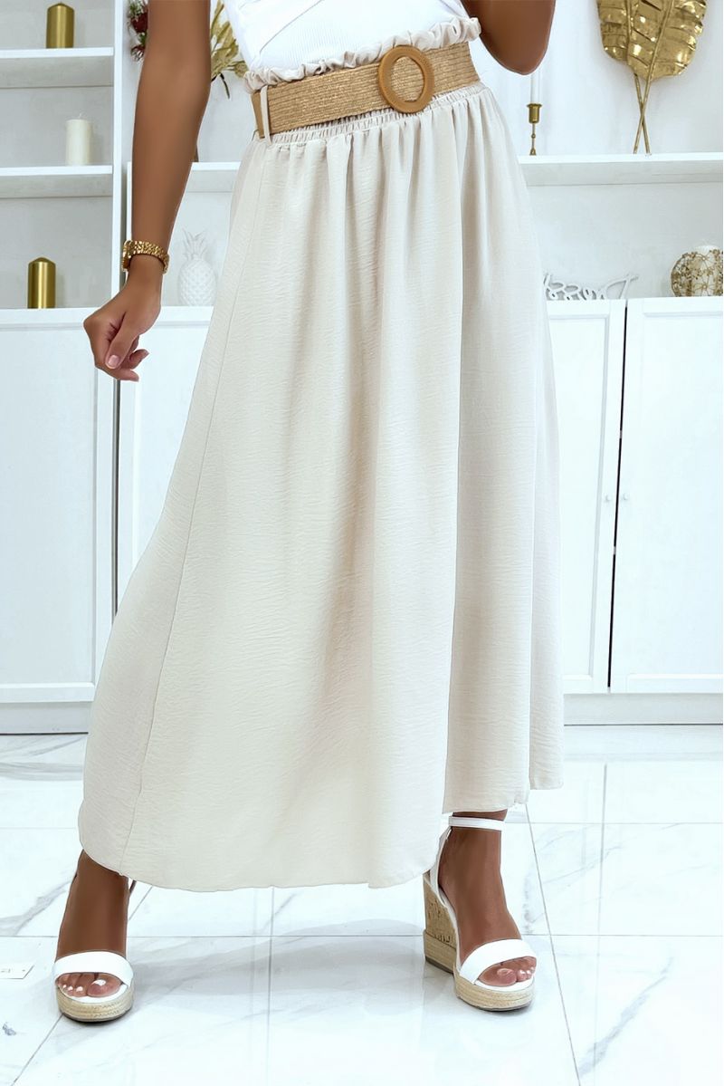 Long beige skirt with elastic straw-effect belt at the waist in vitamin color - 1