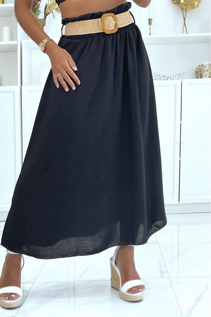 Lange zwarte rok met elastische riem met stroeffect in de vitaminekleurige taille - 1