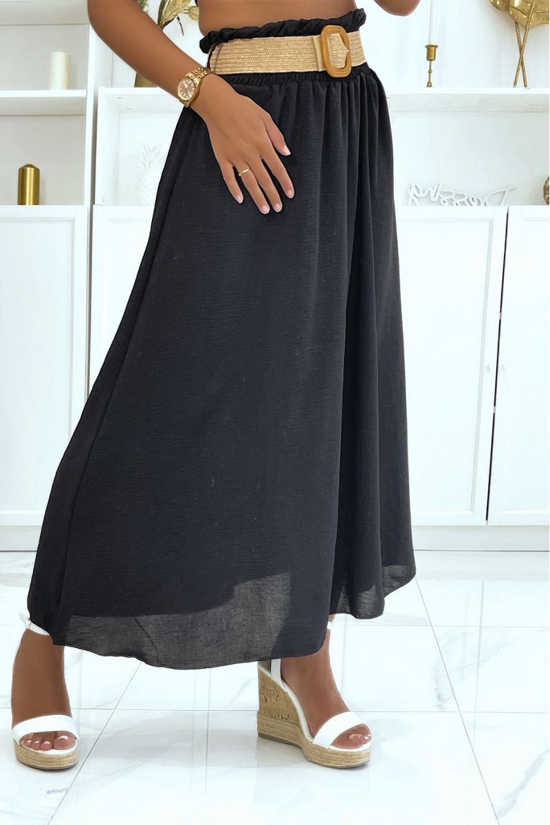 Lange zwarte rok met elastische riem met stroeffect in de vitaminekleurige taille - 2
