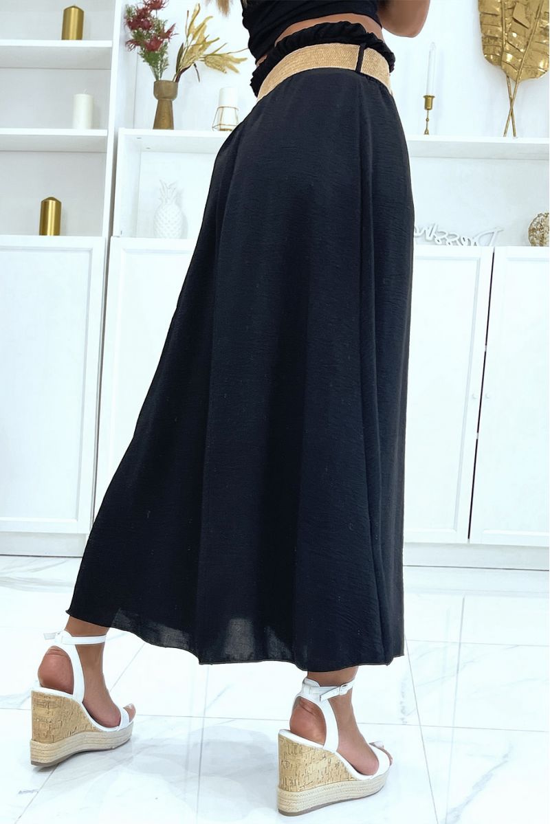 Lange zwarte rok met elastische riem met stroeffect in de vitaminekleurige taille - 3