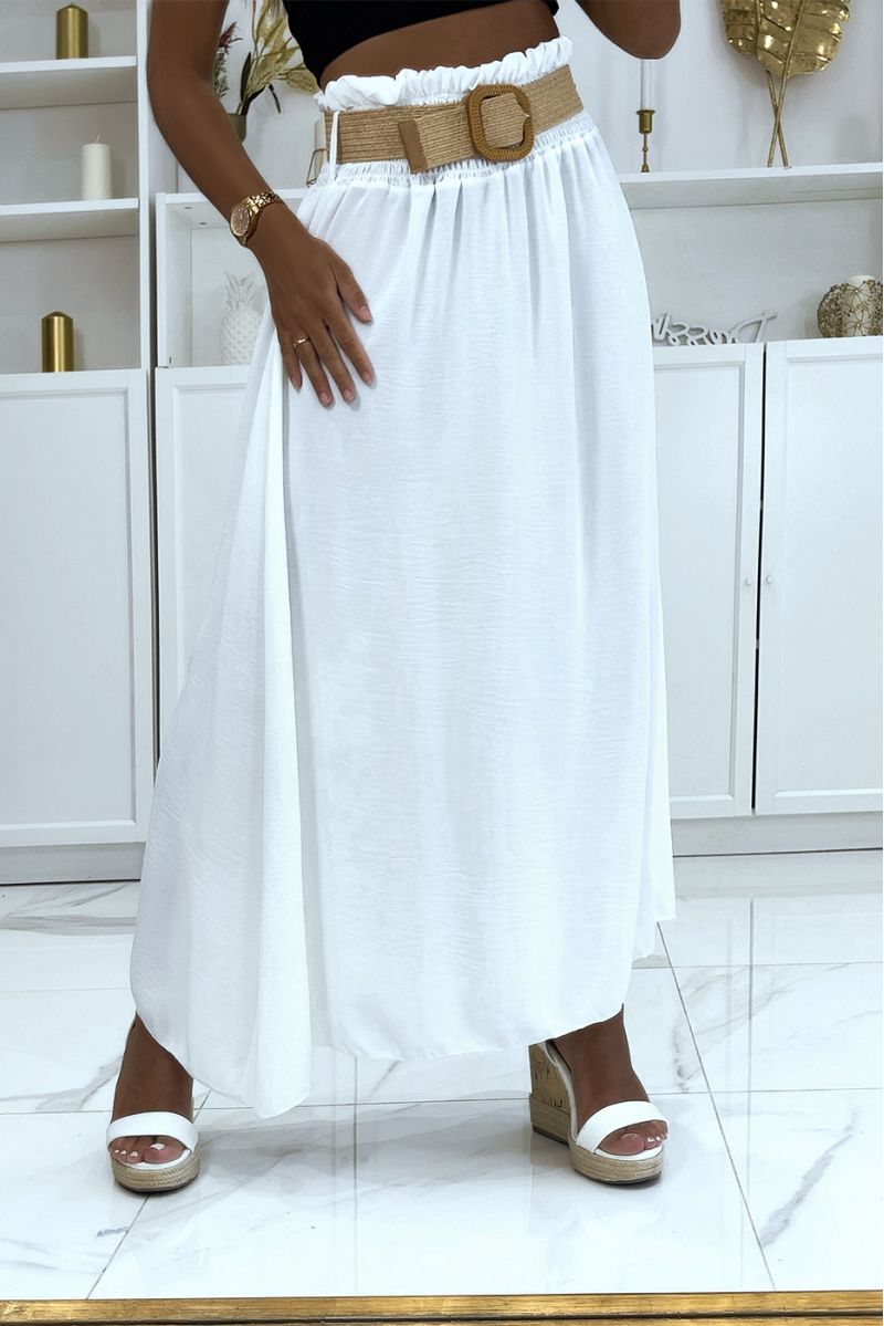 Long white skirt with elastic straw-effect belt at the waist in vitamin color - 1